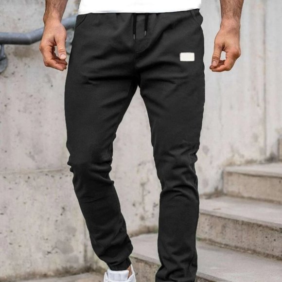Casual Black Patched Men's Drawstring Pants - Picture 4 of 6
